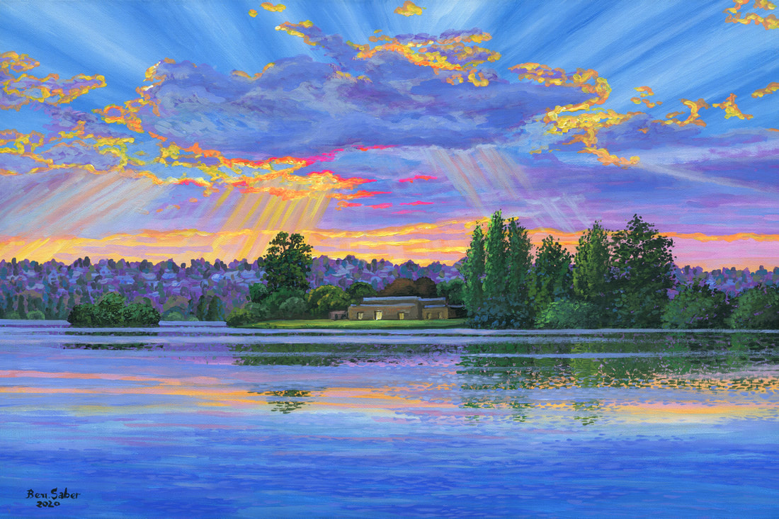 Picture Painting 714: Greenlake sunset, Bathhouse Theatre, Seattle. Original acrylic painting on canvas 18 x 24 inches. This painting is available. On sale