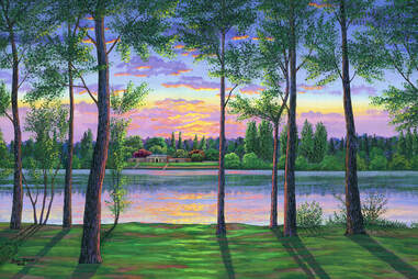  Greenlake sunset, Bathhouse Theatre, Seattle Original acrylic painting on canvas 24 x 36 inches painting available On sale free shipping
