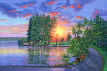 Picture  Greenlake sunset, Bathhouse Theatre, Seattle Original acrylic painting on canvas 24 x 36 inches painting available On sale free shipping
