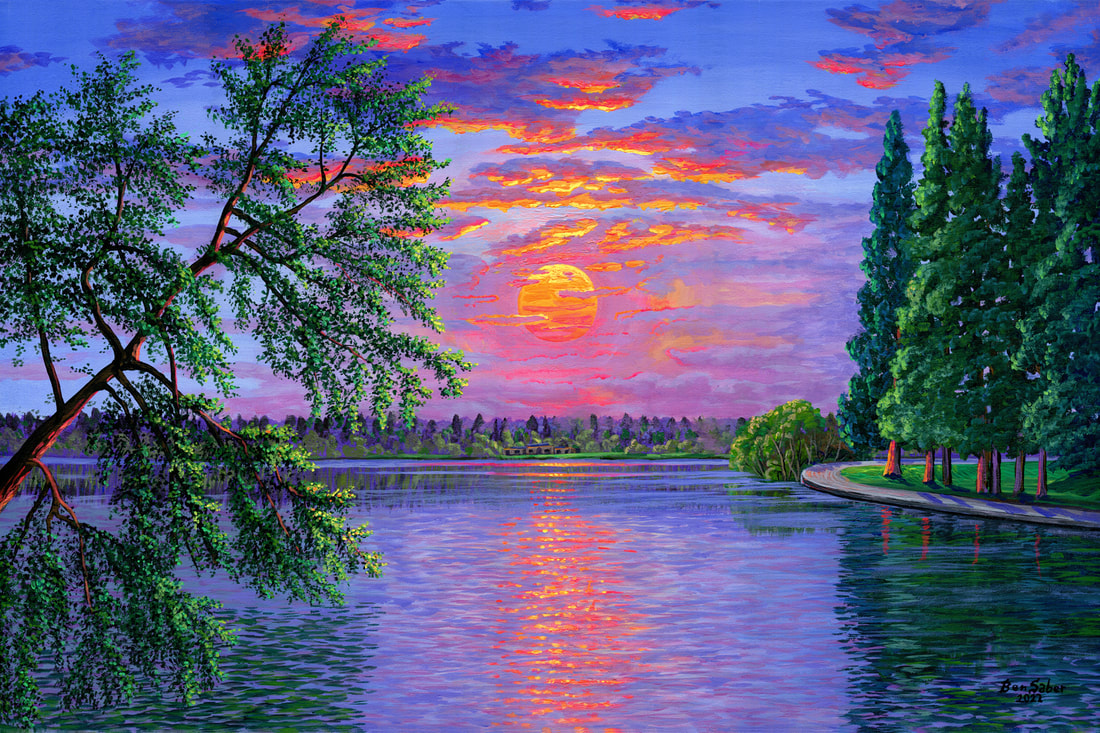 Picture  Greenlake sunset, Bathhouse Theatre, Seattle Original acrylic painting on canvas 24 x 36 inches painting available On sale free shipping