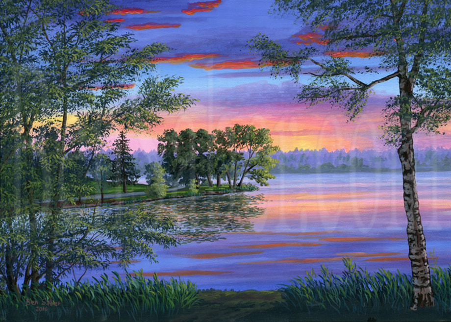 Painting number 107: East shore of Greenlake at sunset, Seattle. Original acrylic painting on canvas 18x24 inches Picture
